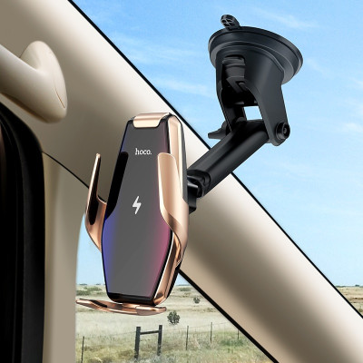 Автотримач для телефона з БЗП HOCO S14 Surpass automatic induction wireless charging car holder Gold