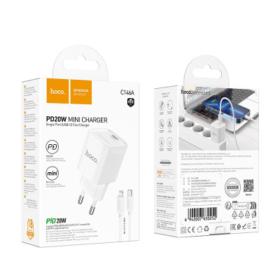 Мережевий зарядний пристрій з кабелем HOCO C146A Charm single port PD20W charger set (C to iP) (EU) White Мережевий зарядний пристрій з кабелем HOCO C146A Charm single port PD20W charger set (C to iP) (EU) White