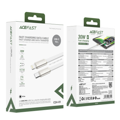 Кабель ACEFAST C24-01, USB to iP, 30W, 1.2m, Braided wire, Zinc alloy + TPE connectors, White Кабель ACEFAST C24-01, USB to iP, 30W, 1.2m, Braided wire, Zinc alloy + TPE connectors, White