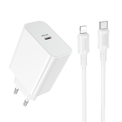 Мережевий зарядний пристрій з кабелем BOROFONE BA107A Stellar single port PD30W charger set (C to iP) (EU) White Мережевий зарядний пристрій з кабелем BOROFONE BA107A Stellar single port PD30W charger set (C to iP) (EU) White