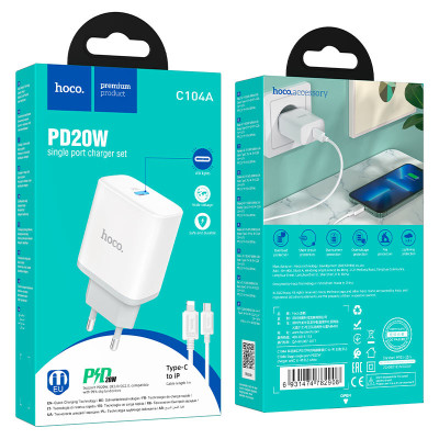 Мережевий зарядний пристрій з кабелем HOCO C104A Stage single port PD20W charger set (C to iP)(EU) White Мережевий зарядний пристрій з кабелем HOCO C104A Stage single port PD20W charger set (C to iP)(EU) White