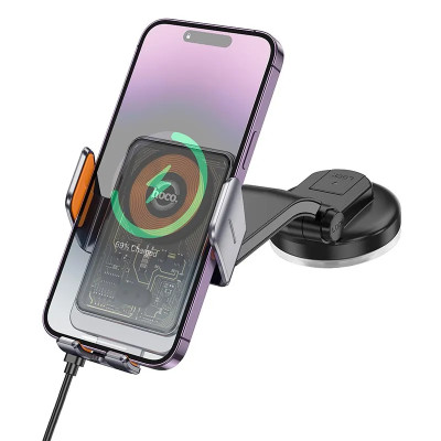Автотримач для телефона з БЗП HOCO HW8 Transparent Discovery Edition wireless fast charging car holder(center console) Metal Gray