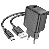 Мережевий зарядний пристрій з кабелем HOCO CS21A Rich single port QC3.0 charger set (Type-C)(EU) Black Мережевий зарядний пристрій з кабелем HOCO CS21A Rich single port QC3.0 charger set (Type-C)(EU) Black