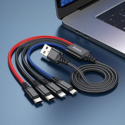 Кабель HOCO X76 USB to iP+Type-C+Type-C+Micro 2A, 1m, nylon, aluminum connectors Black+Red+Blue Кабель HOCO X76 USB to iP+Type-C+Type-C+Micro 2A, 1m, nylon, aluminum connectors Black+Red+Blue