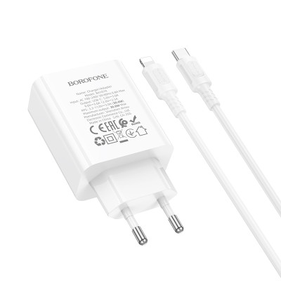 Мережевий зарядний пристрій з кабелем BOROFONE BA107A Stellar single port PD30W charger set (C to iP) (EU) White Мережевий зарядний пристрій з кабелем BOROFONE BA107A Stellar single port PD30W charger set (C to iP) (EU) White