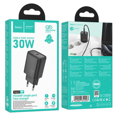 Мережевий зарядний пристрій HOCO N62 Gentle single port PD30W charger (EU) Black Мережевий зарядний пристрій HOCO N62 Gentle single port PD30W charger (EU) Black