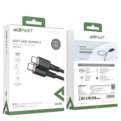 Кабель ACEFAST C2-03 Type-C to Type-C 3A, 60W, 1.2m, silicone, zinc connectors, Black Кабель ACEFAST C2-03 Type-C to Type-C 3A, 60W, 1.2m, silicone, zinc connectors, Black