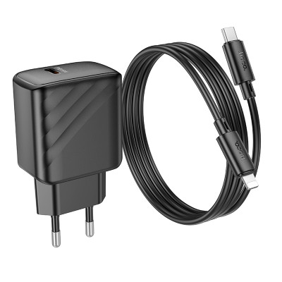 Мережевий зарядний пристрій з кабелем HOCO CS22A Value single port PD30W charger set(C to iP) Black Мережевий зарядний пристрій з кабелем HOCO CS22A Value single port PD30W charger set(C to iP) Black