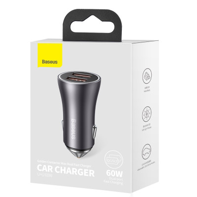 Автомобільний зарядний пристрій Baseus Golden Contactor Max Dual Fast Charger Car Charger U+U 60W Dark Gray