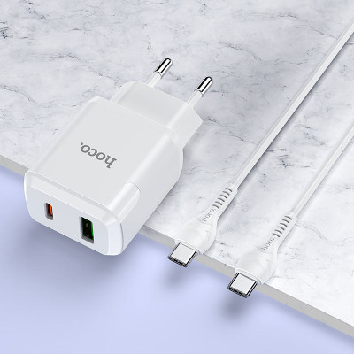 Мережевий зарядний пристрій HOCO N5 Favor dual port PD20W+QC3.0 charger set(Type-C to Type-C) White Мережевий зарядний пристрій HOCO N5 Favor dual port PD20W+QC3.0 charger set(Type-C to Type-C) White