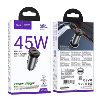 Автомобільний зарядний пристрій HOCO NZ16B Rigorous PD45W(2C) car charger Metal Grey Автомобільний зарядний пристрій HOCO NZ16B Rigorous PD45W(2C) car charger Metal Grey