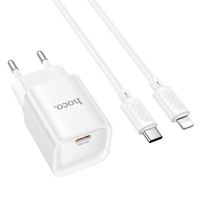 Мережевий зарядний пристрій з кабелем HOCO C146A Charm single port PD20W charger set (C to iP) (EU) White Мережевий зарядний пристрій з кабелем HOCO C146A Charm single port PD20W charger set (C to iP) (EU) White