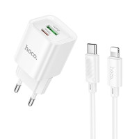 Мережевий зарядний пристрій з кабелем HOCO C147A Charm PD20W+QC3.0 charger set (C to iP)(EU) White Мережевий зарядний пристрій з кабелем HOCO C147A Charm PD20W+QC3.0 charger set (C to iP)(EU) White