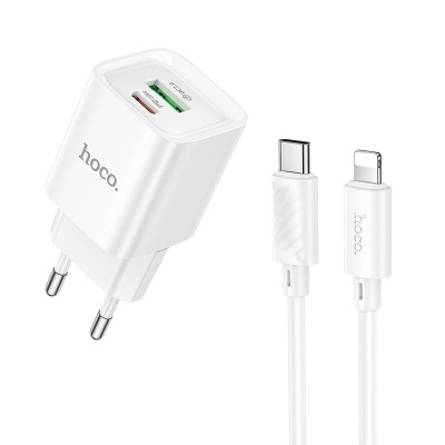 Мережевий зарядний пристрій з кабелем HOCO C147A Charm PD20W+QC3.0 charger set (C to iP)(EU) White Мережевий зарядний пристрій з кабелем HOCO C147A Charm PD20W+QC3.0 charger set (C to iP)(EU) White