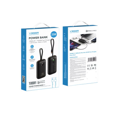 Внешний аккумулятор VEGER 10000 mAh with built-in cables Type C / Lightning PD QC3.0 35W K1 (W1188) black