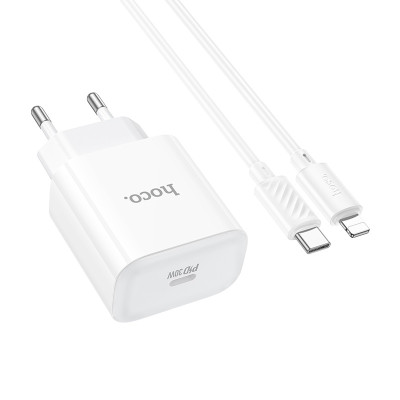 Мережевий зарядний пристрій з кабелем HOCO C76A Pro Majestic single port PD30W charger set (C to iP)(EU) White