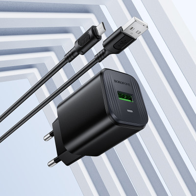 Мережевий зарядний пристрій з кабелем BOROFONE BAS82A Star single port QC3.0 charger set (Micro) (EU) Black Мережевий зарядний пристрій з кабелем BOROFONE BAS82A Star single port QC3.0 charger set (Micro) (EU) Black