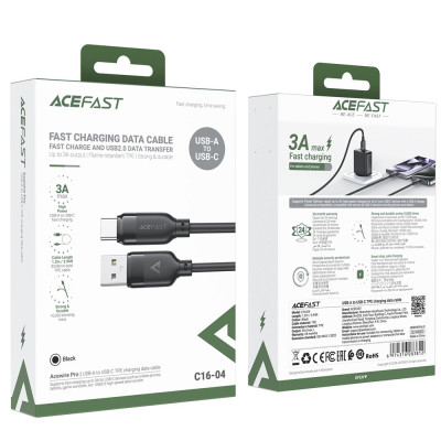 Кабель ACEFAST C16-04, USB to Type-C, 3A, 1.2m ,TPE, TPU connectors, Black