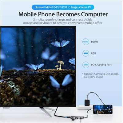 USB-хаб Vention Type-C to HDMI/USB3.0*3/PD Converter 0.15M Gray Metal Type (CNBHB)