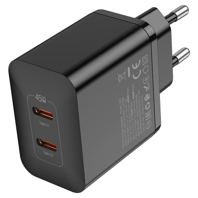 Мережевий зарядний пристрій HOCO N35 Streamer dual-port PD45W GaN (2C) charger(EU) Black Мережевий зарядний пристрій HOCO N35 Streamer dual-port PD45W GaN (2C) charger(EU) Black
