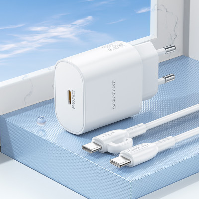 Мережевий зарядний пристрій з кабелем BOROFONE BA82A Platinum single port PD25W charger set(C to C)(EU) White Мережевий зарядний пристрій з кабелем BOROFONE BA82A Platinum single port PD25W charger set(C to C)(EU) White