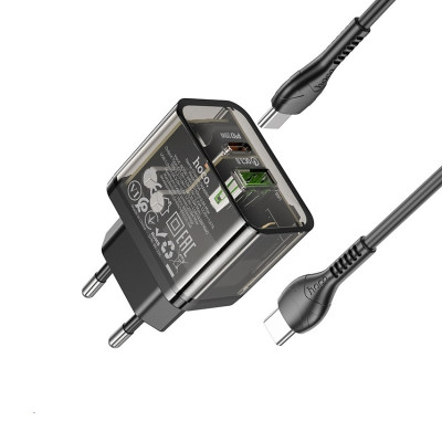 Мережевий зарядний пристрій з кабелем HOCO N34 Dazzling dual-port PD20W+QC3.0 charger set(Type-C to Type-C) Transparent Black