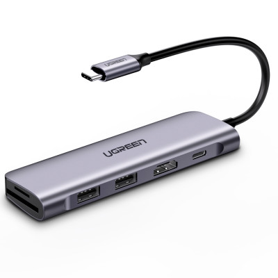 USB-хаб UGREEN USB-C to 2 Ports USB3.0-A Hub + HDMI + TF/SD with PD Power Supply (Space Gray)