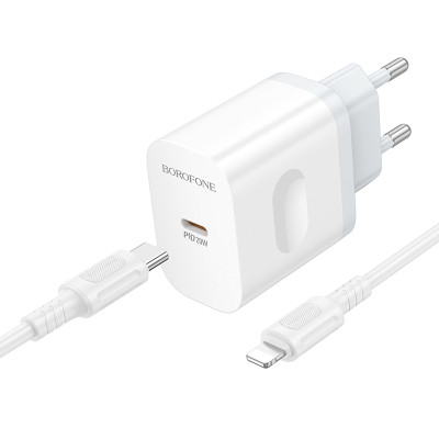 Мережевий зарядний пристрій з кабелем BOROFONE BA99A Breeze single port PD20W charger set(C to iP) White Мережевий зарядний пристрій з кабелем BOROFONE BA99A Breeze single port PD20W charger set(C to iP) White