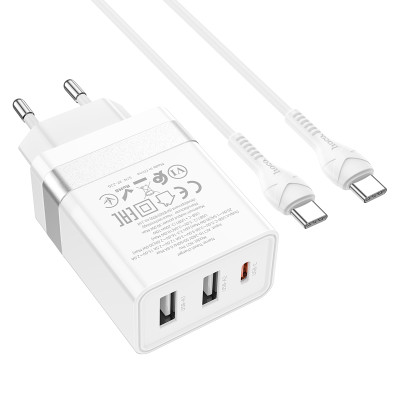Мережевий зарядний пристрій HOCO N21 Pro Tourer PD30W (2A1C) charger set(Type-C to Type-C) White Мережевий зарядний пристрій HOCO N21 Pro Tourer PD30W (2A1C) charger set(Type-C to Type-C) White