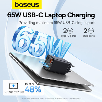 Мережевий зарядний пристрій з кабелем Baseus GaN6 Pro Fast Charger 2C+2U 65W  EU Cluster Black((With Type-C to Type-C 100W(20V/5A) 1m Black）