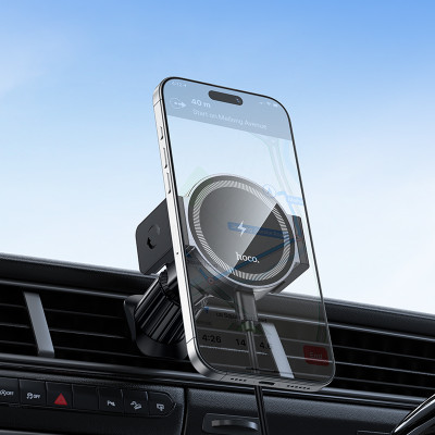 Автотримач для телефона з БЗП HOCO HW35 Power electric magnetic wireless fast charging car holder(air outlet) Black
