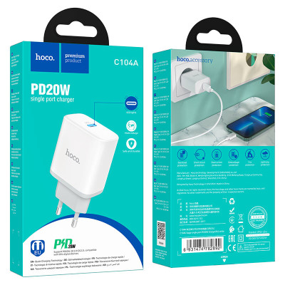 Мережевий зарядний пристрій HOCO C104A Stage single port PD20W charger White Мережевий зарядний пристрій HOCO C104A Stage single port PD20W charger White