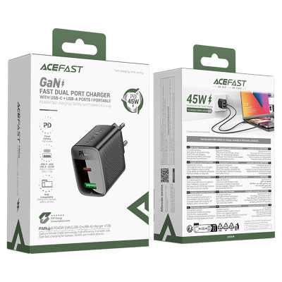 Мережевий зарядний пристрій ACEFAST A106 PD45W GaN (USB-C+USB-A) charger (EU) Black Мережевий зарядний пристрій ACEFAST A106 PD45W GaN (USB-C+USB-A) charger (EU) Black