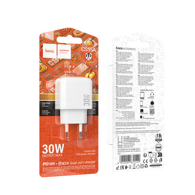Мережевий зарядний пристрій HOCO CS55A Surplus PD30W+QC3.0 charger White Мережевий зарядний пристрій HOCO CS55A Surplus PD30W+QC3.0 charger White