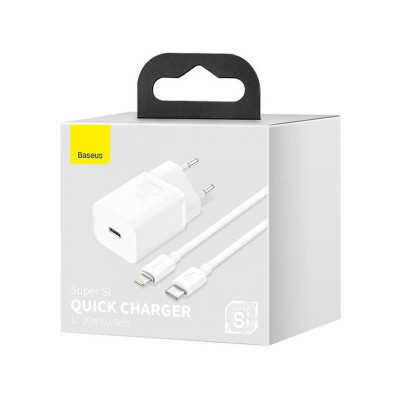 Мережевий зарядний пристрій з кабелем Baseus Super Si 1C 20W With Simple Wisdom Data Cable Type-C/iP 1m White