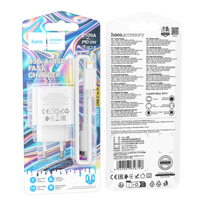 Мережевий зарядний пристрій HOCO C109A(PD20W+QC3.0) Fighter PD20W+QC3.0 charger set(C to iP) White Мережевий зарядний пристрій HOCO C109A(PD20W+QC3.0) Fighter PD20W+QC3.0 charger set(C to iP) White