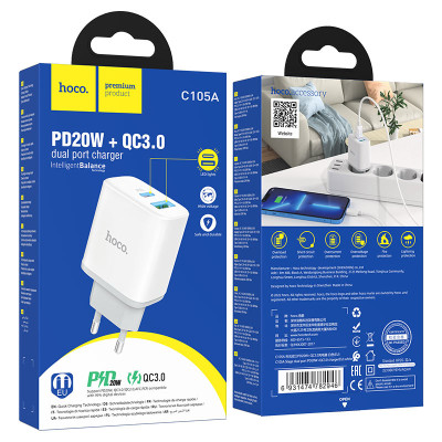 Мережевий зарядний пристрій HOCO C105A Stage dual port PD20W+QC3.0 charger White Мережевий зарядний пристрій HOCO C105A Stage dual port PD20W+QC3.0 charger White