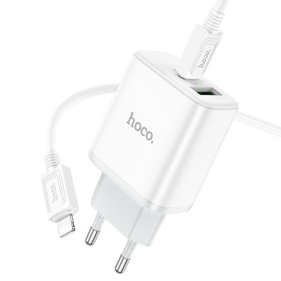 Мережевий зарядний пристрій з кабелем HOCO C105A Stage dual port PD20W+QC3.0 charger set (C to iP)(EU) White Мережевий зарядний пристрій з кабелем HOCO C105A Stage dual port PD20W+QC3.0 charger set (C to iP)(EU) White