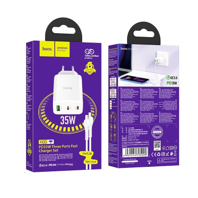 Мережевий зарядний пристрій HOCO N33 Start three-port PD35W(2C1A) charger set(C to iP) White Мережевий зарядний пристрій HOCO N33 Start three-port PD35W(2C1A) charger set(C to iP) White