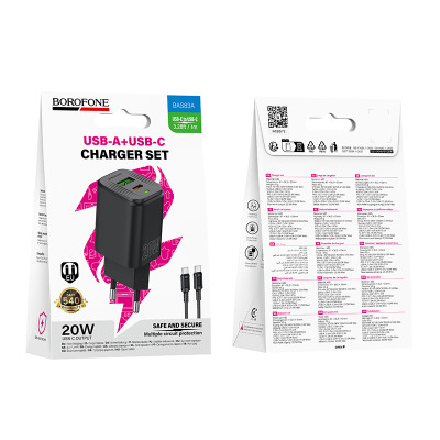 Мережевий зарядний пристрій BOROFONE BAS83A Star PD20W+QC3.0 charger set (C to C) (EU) Black Мережевий зарядний пристрій BOROFONE BAS83A Star PD20W+QC3.0 charger set (C to C) (EU) Black