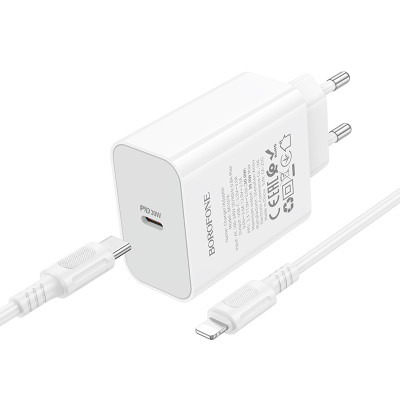Мережевий зарядний пристрій з кабелем BOROFONE BA107A Stellar single port PD30W charger set (C to iP) (EU) White Мережевий зарядний пристрій з кабелем BOROFONE BA107A Stellar single port PD30W charger set (C to iP) (EU) White