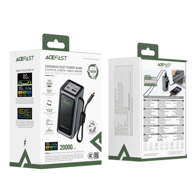 Зовнішній акумулятор ACEFAST M33-20000 100W fast charging power bank with cable and TFT display metal gray Зовнішній акумулятор ACEFAST M33-20000 100W fast charging power bank with cable and TFT display metal gray