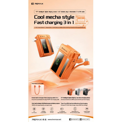 Зовнішній акумулятор REMAX Wayto Series TFT Screen Built-in Fast Charging Cables QC22.5 Wall Plug Power Bank(Charger)10000mAh FP-100 Black
