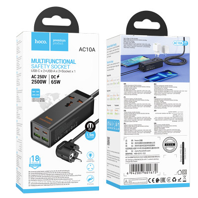 Мережевий подовжувач HOCO AC10A Barry PD65W GaN (2C2A with 1 socket) desktop charger Black Мережевий подовжувач HOCO AC10A Barry PD65W GaN (2C2A with 1 socket) desktop charger Black