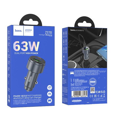 Автомобільний зарядний пристрій HOCO Z57B Glorious 63W dual-port digital display PD45W+QC3.0 car charger Metal Gray