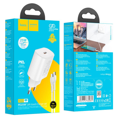 Мережевий зарядний пристрій з кабелем HOCO N22 Jetta PD25W charger set(Type-C to Type-C)(EU) White Мережевий зарядний пристрій з кабелем HOCO N22 Jetta PD25W charger set(Type-C to Type-C)(EU) White