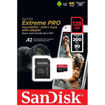 Карта пам'яті microSDXC (UHS-1 U3) SanDisk Extreme Pro A2 128Gb class 10 V30 (R200MB/s,W90MB/s) (adapter) Карта пам'яті microSDXC (UHS-1 U3) SanDisk Extreme Pro A2 128Gb class 10 V30 (R200MB/s,W90MB/s) (adapter)