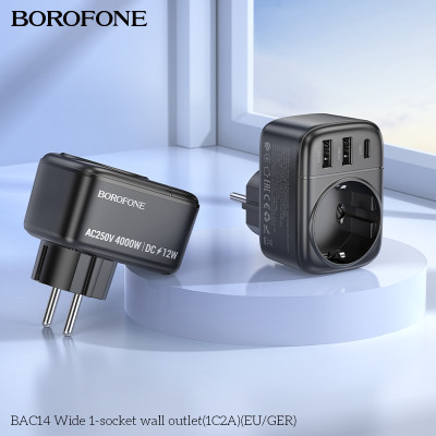 Мережевий фільтр BOROFONE BAC14 Wide 1-socket wall outlet (1C2A) (EU/GER) Black Мережевий фільтр BOROFONE BAC14 Wide 1-socket wall outlet (1C2A) (EU/GER) Black