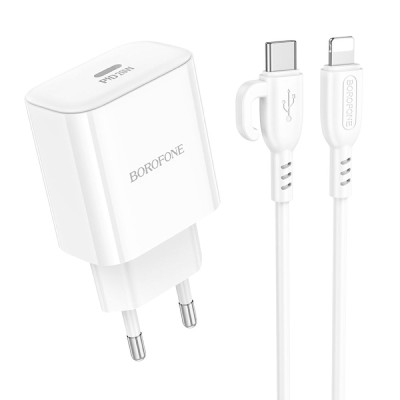 Мережевий зарядний пристрій з кабелем BOROFONE BA81A single port PD20W charger set (C to iP) (EU) White Мережевий зарядний пристрій з кабелем BOROFONE BA81A single port PD20W charger set (C to iP) (EU) White