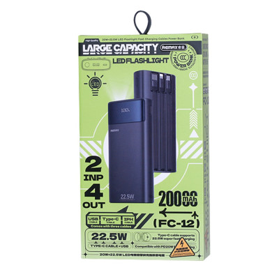 Зовнішній акумулятор REMAX 20+22.5 LED Flashlight Fast Charging Cables Power Bank 20000mAh FC-12 Black Зовнішній акумулятор REMAX 20+22.5 LED Flashlight Fast Charging Cables Power Bank 20000mAh FC-12 Black